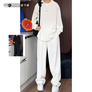 杏色假两件v领衬衫男款秋季高级感垂感西装裤一套搭配帅气两件套
