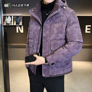 红色棉衣男连帽冬季潮牌2025新款暗花可拆卸帽棉服加厚袄子男外套