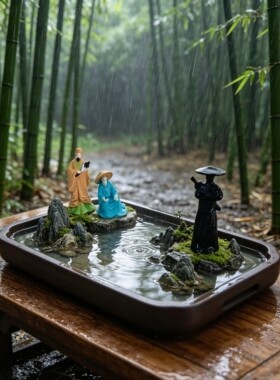 可水上漂浮小船迷你剑客侠客古风人物鱼缸造景摆件禅意茶盘装饰