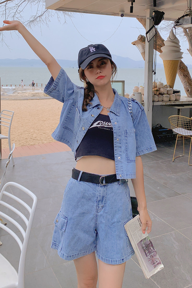 大货已出工装牛仔套装女夏个性阔腿短裤两件套487155P115控178,女装短外套,艾青服饰