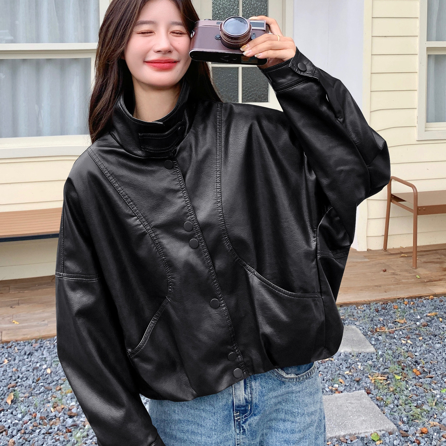 现货加绒秋冬新款宽松皮衣外套6646薄145加绒165K258，女装皮衣，艾青服饰