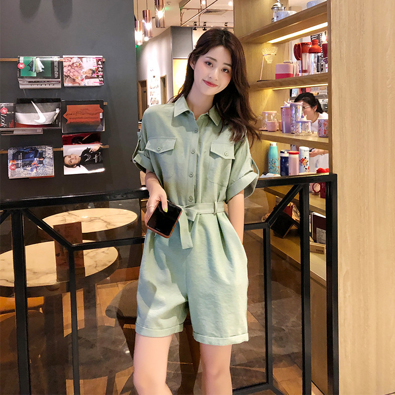 现货2025短裤短袖连身裤纯色工装连体衣裤潮1658822P85控138，女装连体裤，艾青服饰