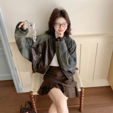 2026新款现货韩版牛仔拼接宽松皮衣外套1535212P170K278，女装皮衣，艾青服饰