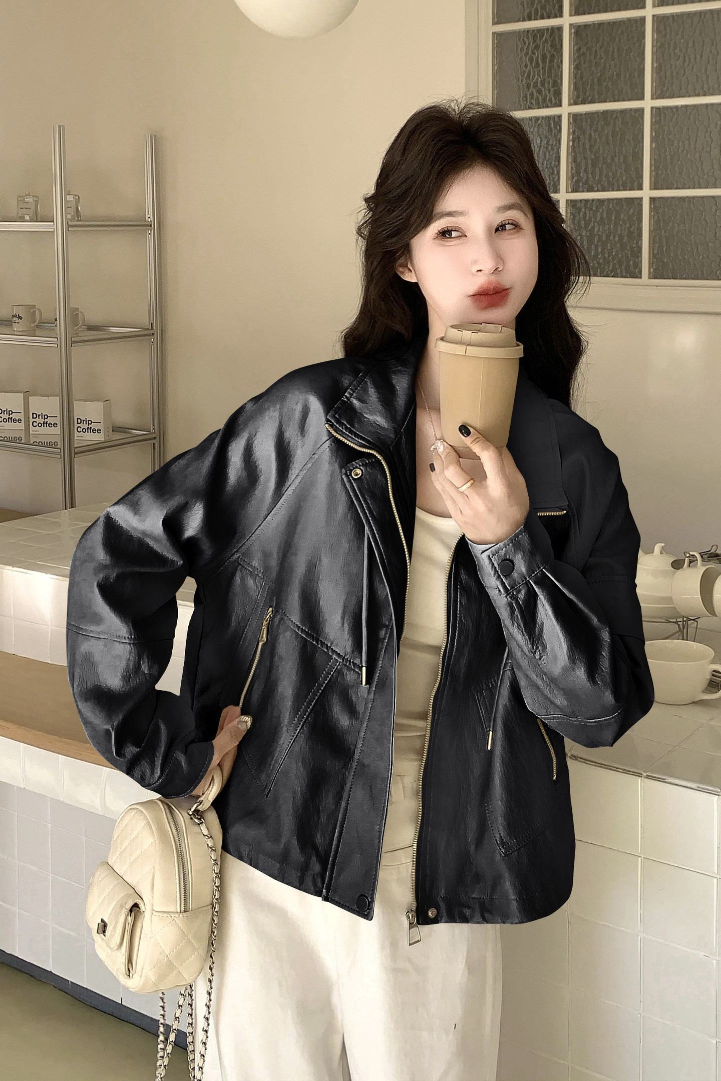 2026新款现货韩版立领抽绳宽松皮衣外套1535218P160K258,女装皮衣,艾青服饰
