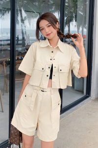 现货现货 工装套装女夏个性衬衫阔腿短裤两件套487 148P105控158图片