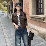 美拉德棕色短款机车服外套女春秋2025超火好看高级小众皮夹克上衣，女装皮衣，艾青服饰