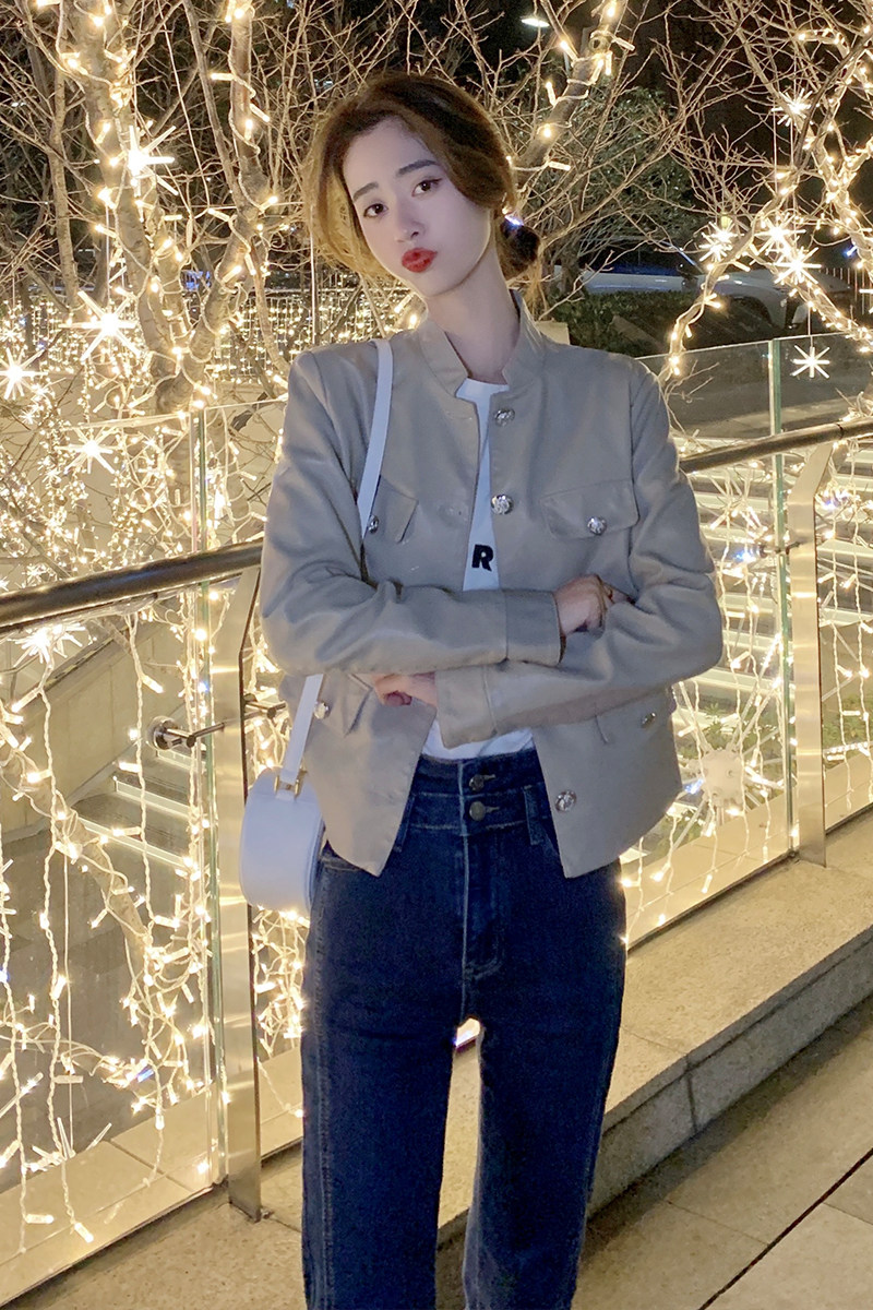 现货显瘦机车PU皮衣女春秋百搭外套皮夹克潮2908269P115控178,女装皮衣,艾青服饰