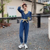 现货撞色牛仔连体裤长裤显瘦时尚连衣裤女2C01522822，女装连体裤，艾青服饰