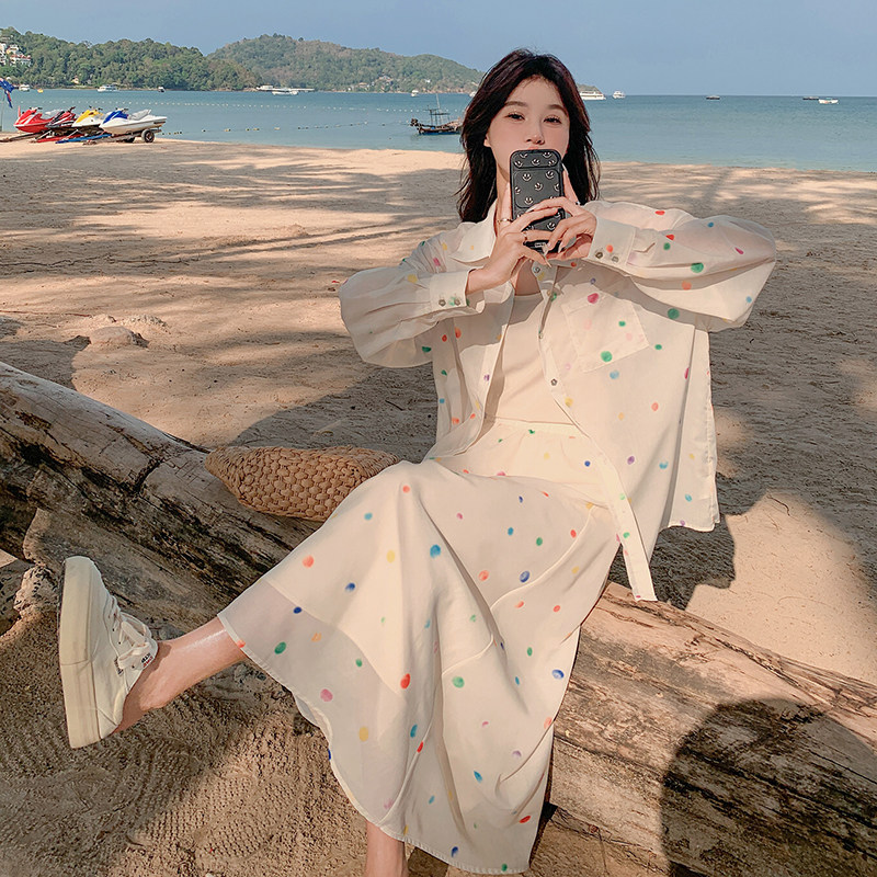 一直出货春秋夏装波点防晒衬衫半裙两件套1652423p125k188，女装套装/套裙，艾青服饰