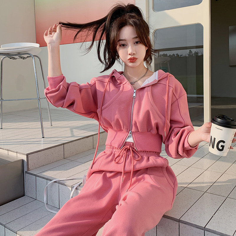 高级松弛感穿搭粉色连帽卫衣套装女春秋2025新款超火休闲裤两件套,女装套装/套裙,艾青服饰
