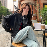 美拉德复古棕色pu皮衣外套女春秋2025新款小个子高级感机车皮夹克，女装皮衣，艾青服饰