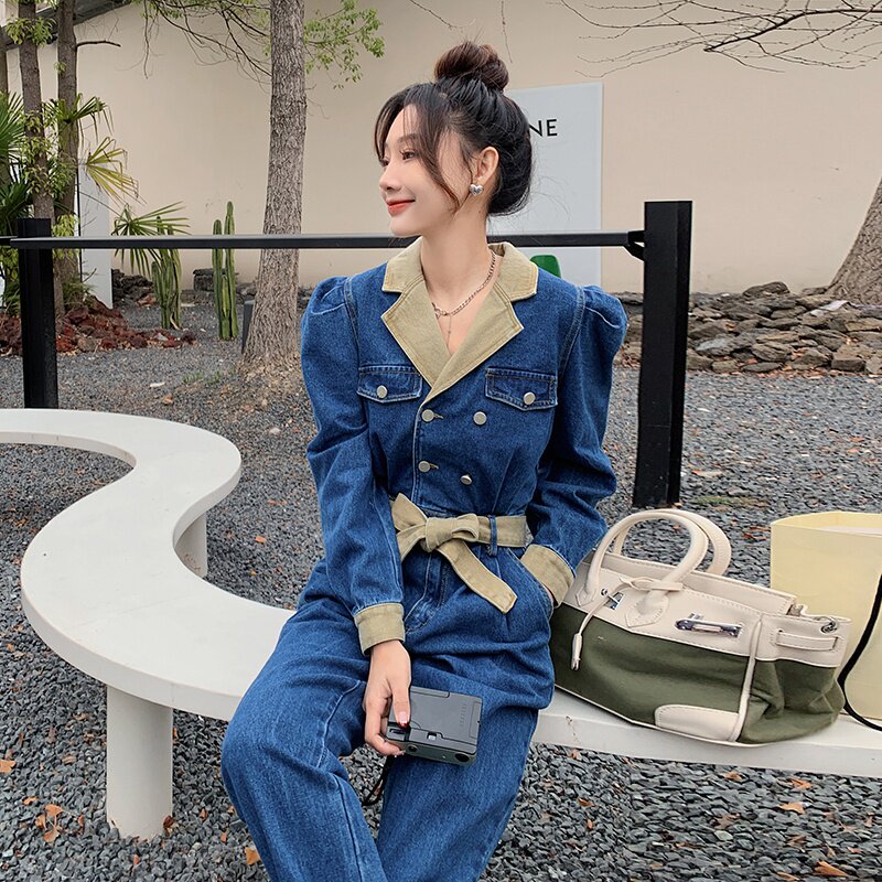 现货撞色牛仔连体裤长裤显瘦时尚连衣裤女2C01522822,女装连体裤,艾青服饰