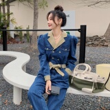 现货撞色牛仔连体裤长裤显瘦时尚连衣裤女2C01522822，女装连体裤，艾青服饰