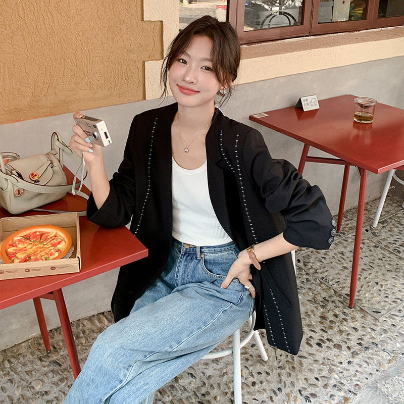 黑色轻熟风时尚气质职业西服女春秋新款小个子休闲显瘦小西装外套,女装皮衣,艾青服饰