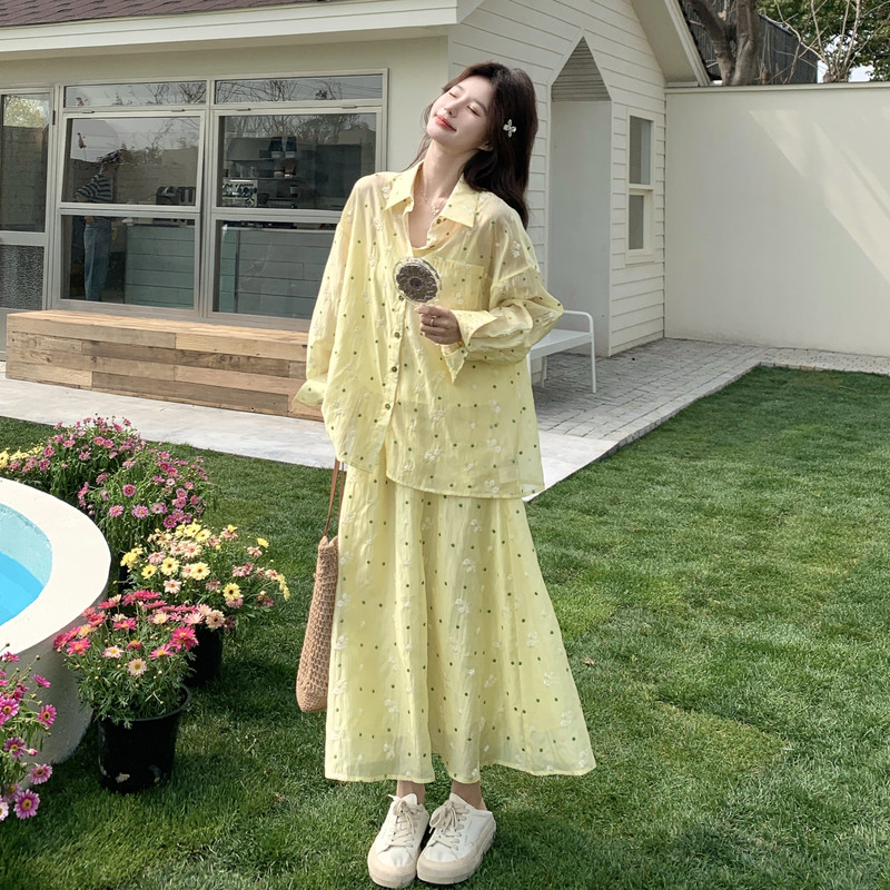 新款7天出花朵刺绣波点套装防晒衬衫半裙两件套1535220P150K248，女装套装/套裙，艾青服饰