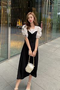 现货 可盐可甜袖通勤黑白拼色减龄收腰连衣裙女潮290 159P95控138图片