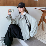 浅灰色韩系抽绳连帽工装短外套女2025秋季设计感减龄宽松休闲外套，女装短外套，艾青服饰
