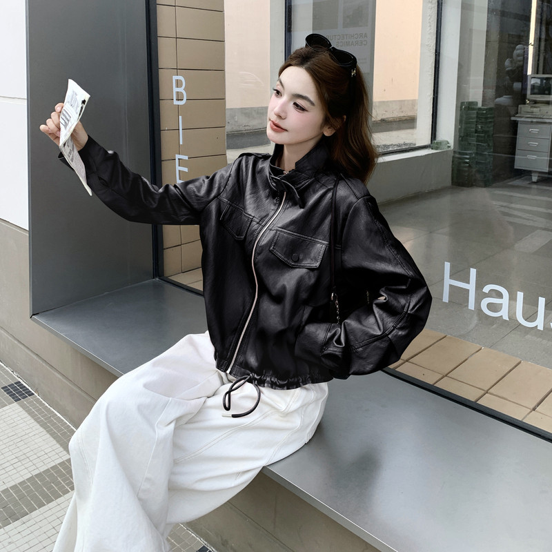 2026新款现货韩版抽绳立领皮衣外套1535211P150K248,女装皮衣,艾青服饰