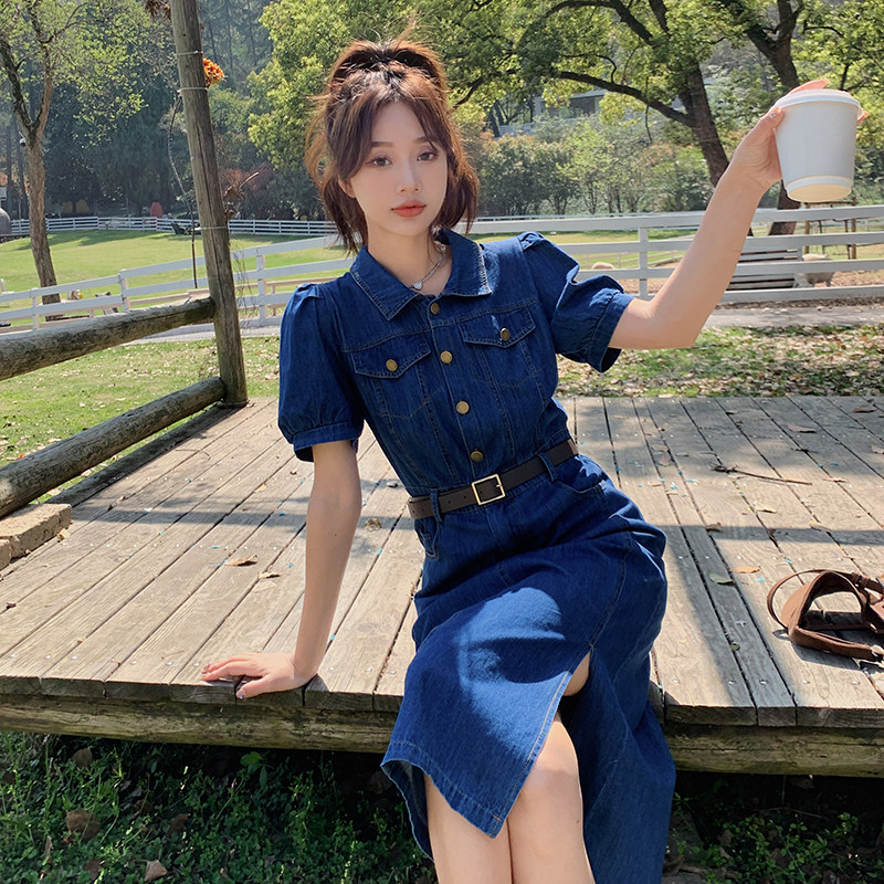 显瘦牛仔连衣裙女夏季新款时尚气质牛仔裙修身收腰牛仔衬衫裙长裙,女装连衣裙,艾青服饰