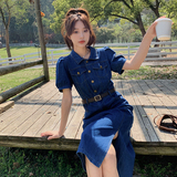 显瘦牛仔连衣裙女夏季新款时尚气质牛仔裙修身收腰牛仔衬衫裙长裙，女装连衣裙，艾青服饰