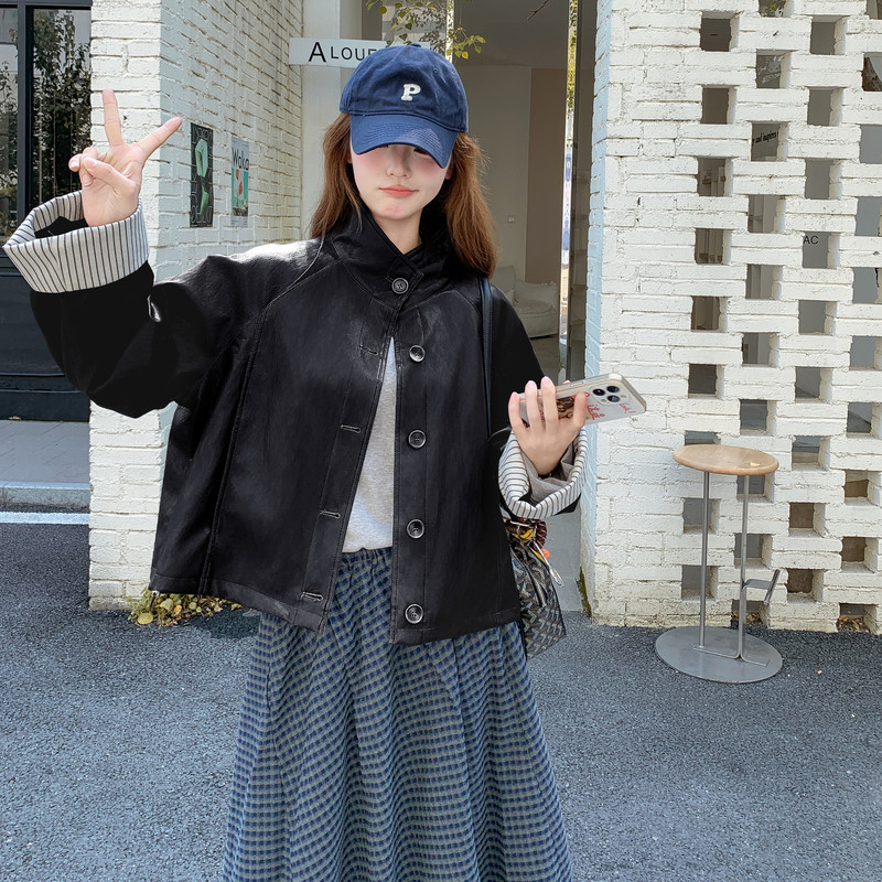 【】现货2025秋新款宽松皮衣外套1536622P145K198,女装皮衣,艾青服饰
