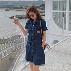 现货 主推 牛仔连体裤女显瘦连体衣女阔腿短裤潮487 096P100控158,女装牛仔裤,艾青服饰