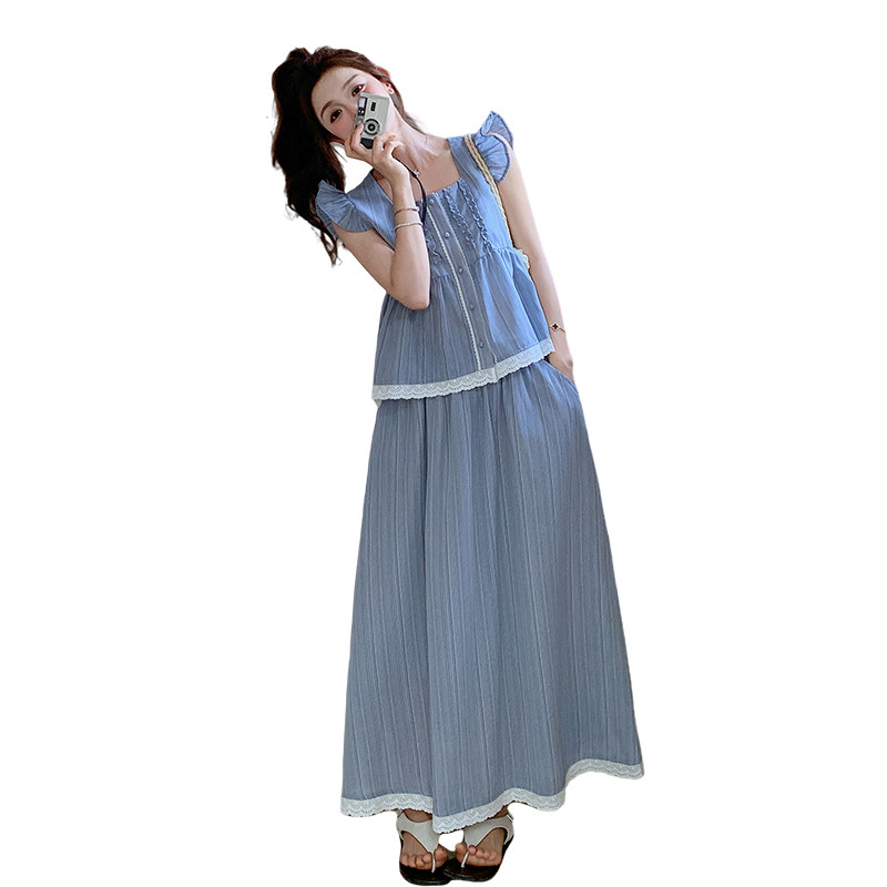 蓝色条纹套装女2025夏季新款小清新方领蕾丝花边上衣半身裙两件套,女装套装/套裙,艾青服饰