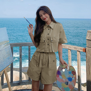 现货现货 工装套装女夏个性衬衫阔腿短裤两件套487 148P105控158图片