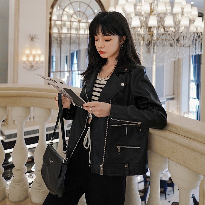 现货主推春秋皮夹克水洗PU皮机车服女外套212P130控188,女装皮衣,艾青服饰