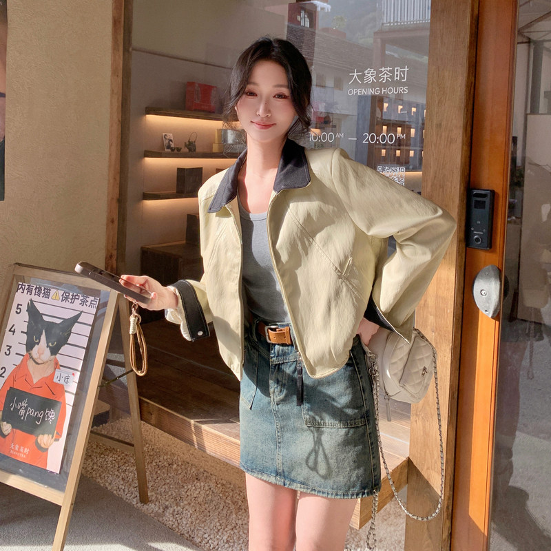 2026新款现货韩版牛仔领拼皮衣外套1535209P150K248，女装皮衣，艾青服饰