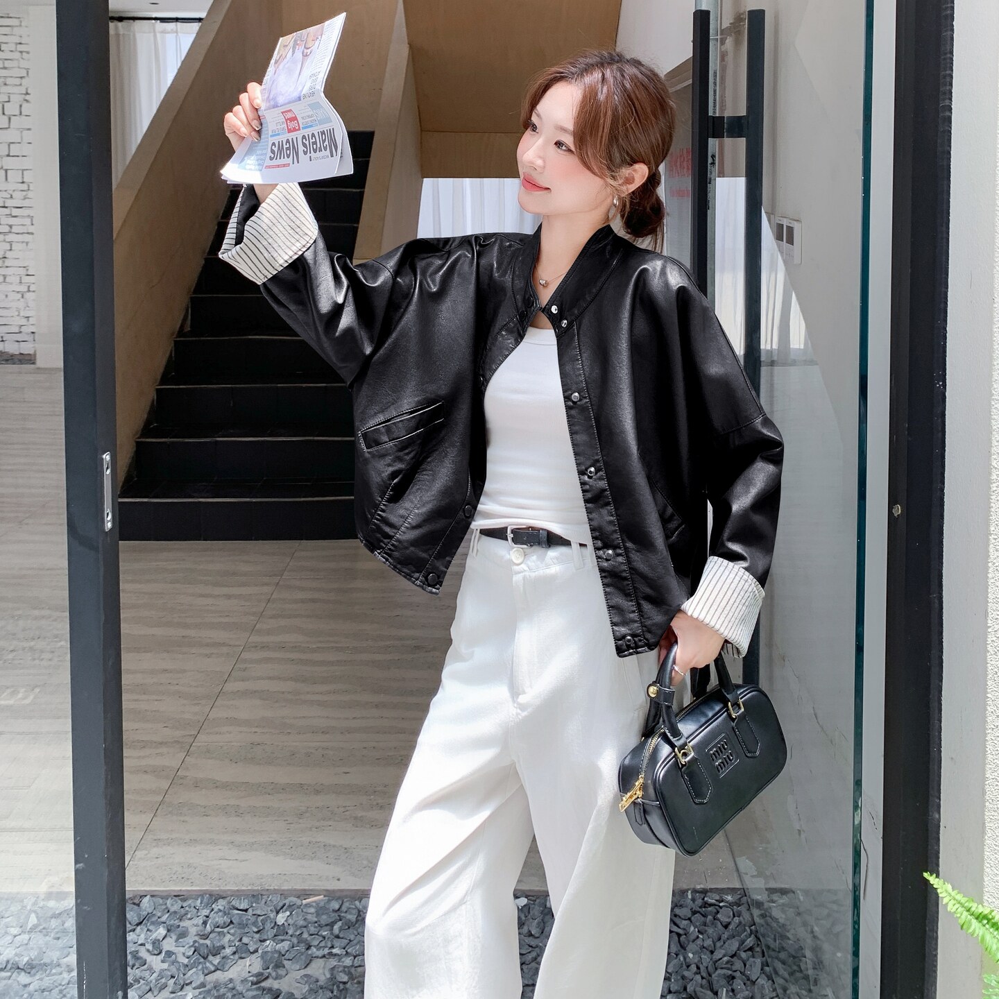 【】现货2026秋新款复古宽松皮衣外套1536603P150K218,女装皮衣,艾青服饰