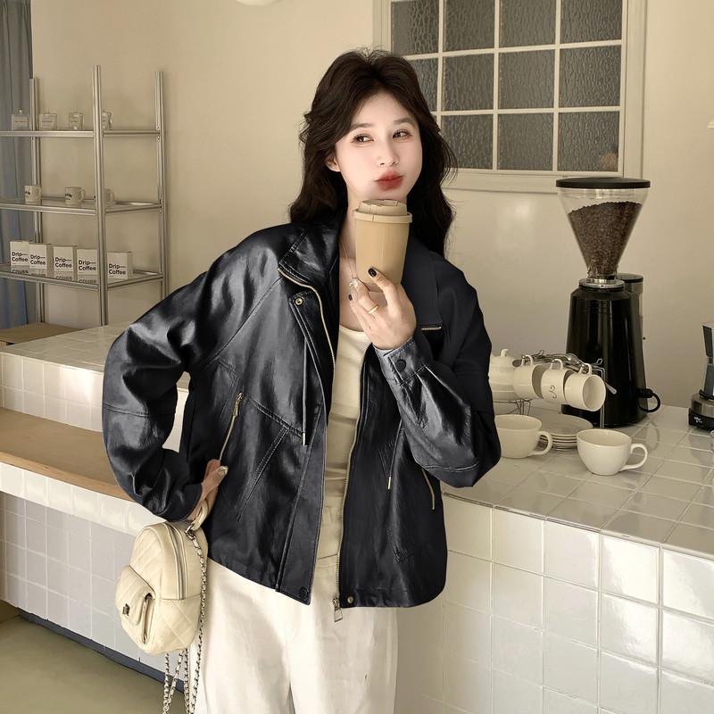 2026新款现货韩版立领抽绳宽松皮衣外套1535218P160K258,女装皮衣,艾青服饰