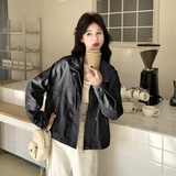 2026新款现货韩版立领抽绳宽松皮衣外套1535218P160K258，女装皮衣，艾青服饰