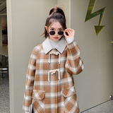 现货已卖爆加棉格子毛呢外套牛角扣大衣22329P175控268，女装毛呢外套，艾青服饰