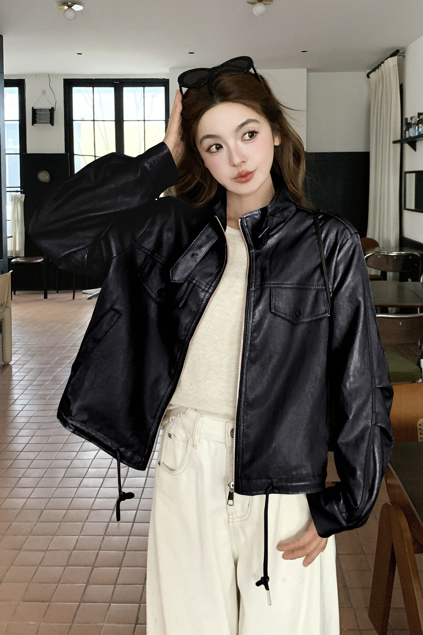 2026新款现货韩版抽绳立领皮衣外套1535211P150K248,女装皮衣,艾青服饰