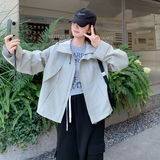 浅灰色韩系抽绳连帽工装短外套女2025秋季设计感减龄宽松休闲外套，女装短外套，艾青服饰