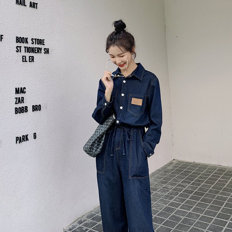 现货高腰直筒宽松显瘦牛仔连体裤48796P125控178，女装牛仔裤，艾青服饰