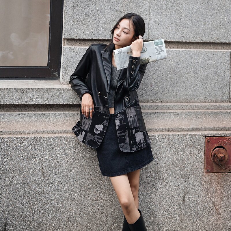 现货主推个性PU皮拼接牛仔印花西装时尚外套女290211P120控188,女装皮衣,艾青服饰