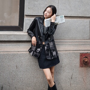 现货 主推个性PU皮拼接牛仔印花西装时尚外套女290 211P120控188图片
