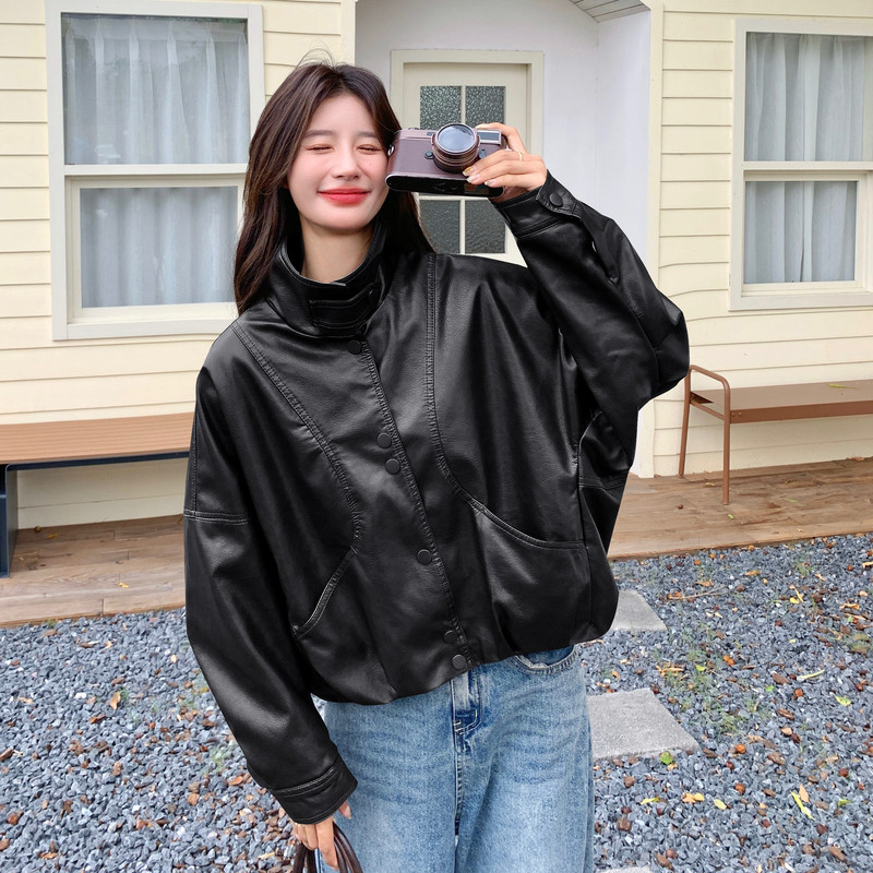 现货加绒秋冬新款宽松皮衣外套6646薄145加绒165K258,女装皮衣,艾青服饰