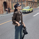 美拉德棕色短款机车服外套女春秋2025超火好看高级小众皮夹克上衣，女装皮衣，艾青服饰