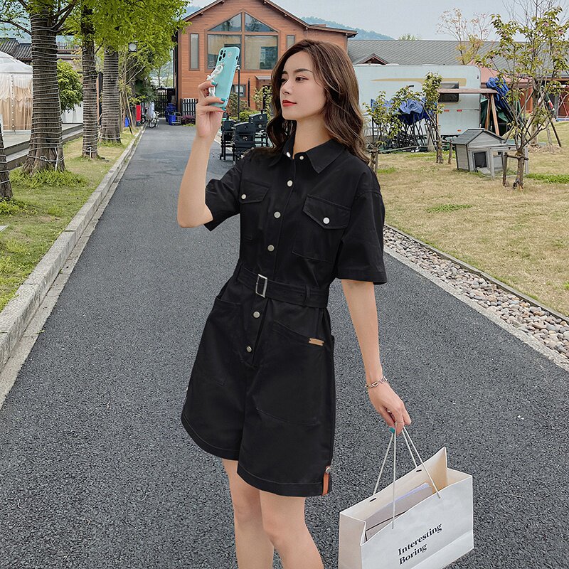 现货2023夏时尚短袖连身裤纯色工装连体衣短裤290144P85控138,女装连体裤,艾青服饰