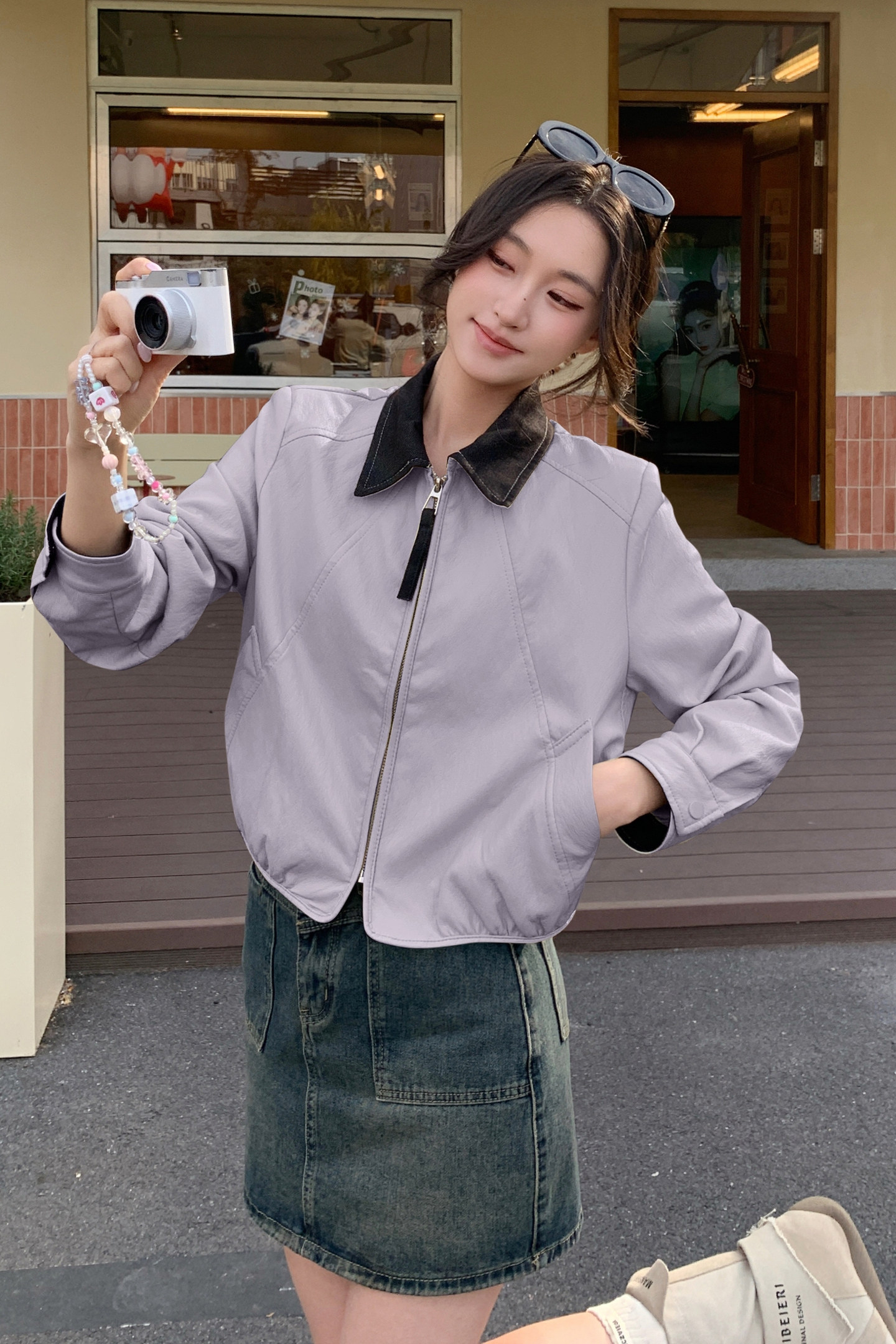 2026新款现货韩版牛仔领拼皮衣外套1535209P150K248,女装皮衣,艾青服饰