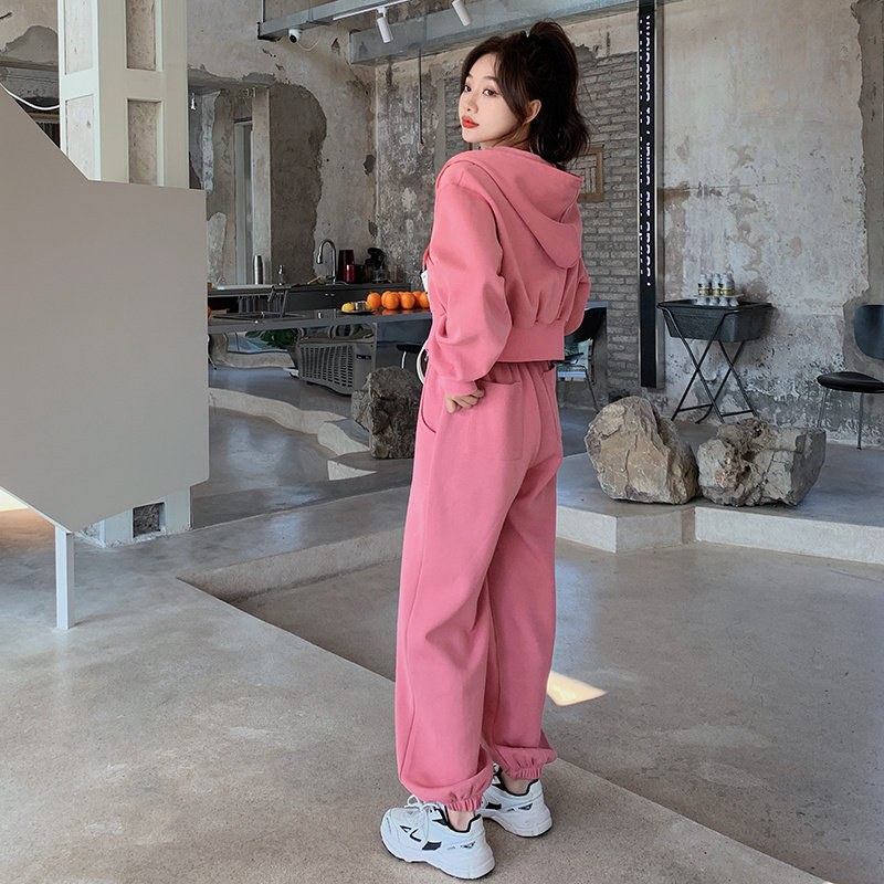 高级松弛感穿搭粉色连帽卫衣套装女春秋2025新款超火休闲裤两件套,女装套装/套裙,艾青服饰