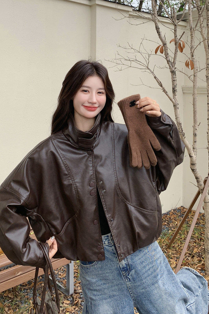 现货加绒秋冬新款宽松皮衣外套6646薄145加绒165K258,女装皮衣,艾青服饰