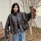 现货加绒秋冬新款宽松皮衣外套6646薄145加绒165K258，女装皮衣，艾青服饰