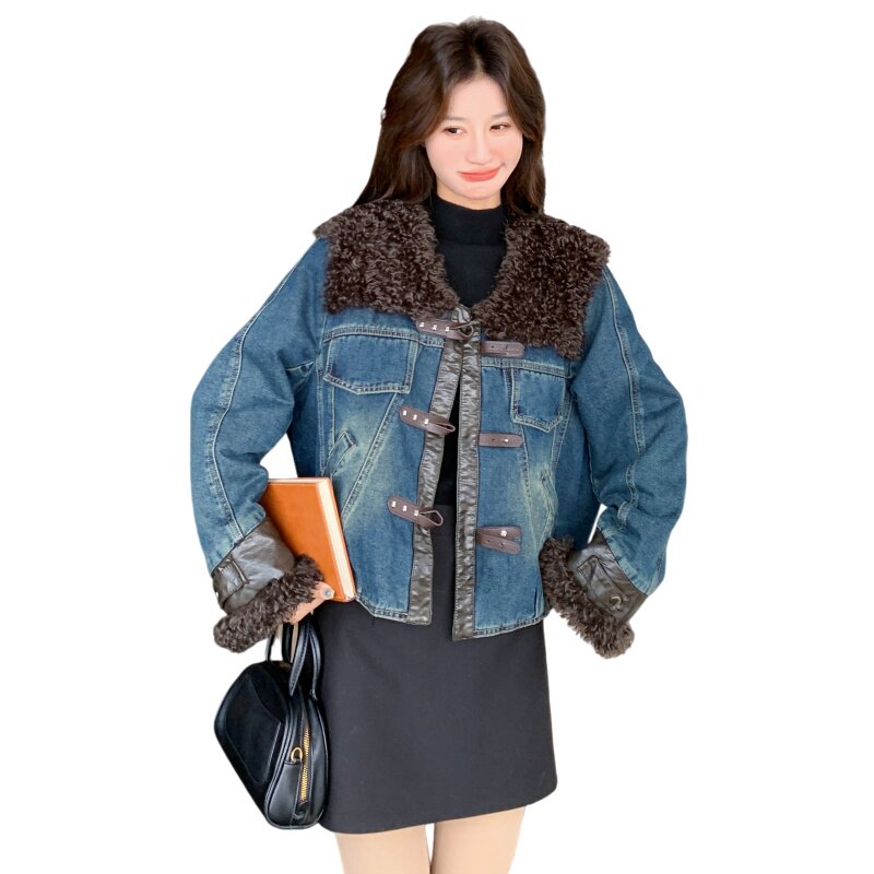 现货冬装百搭宽松显瘦牛仔服加棉女保暖派克服外套6652P205可98,女装短外套,艾青服饰