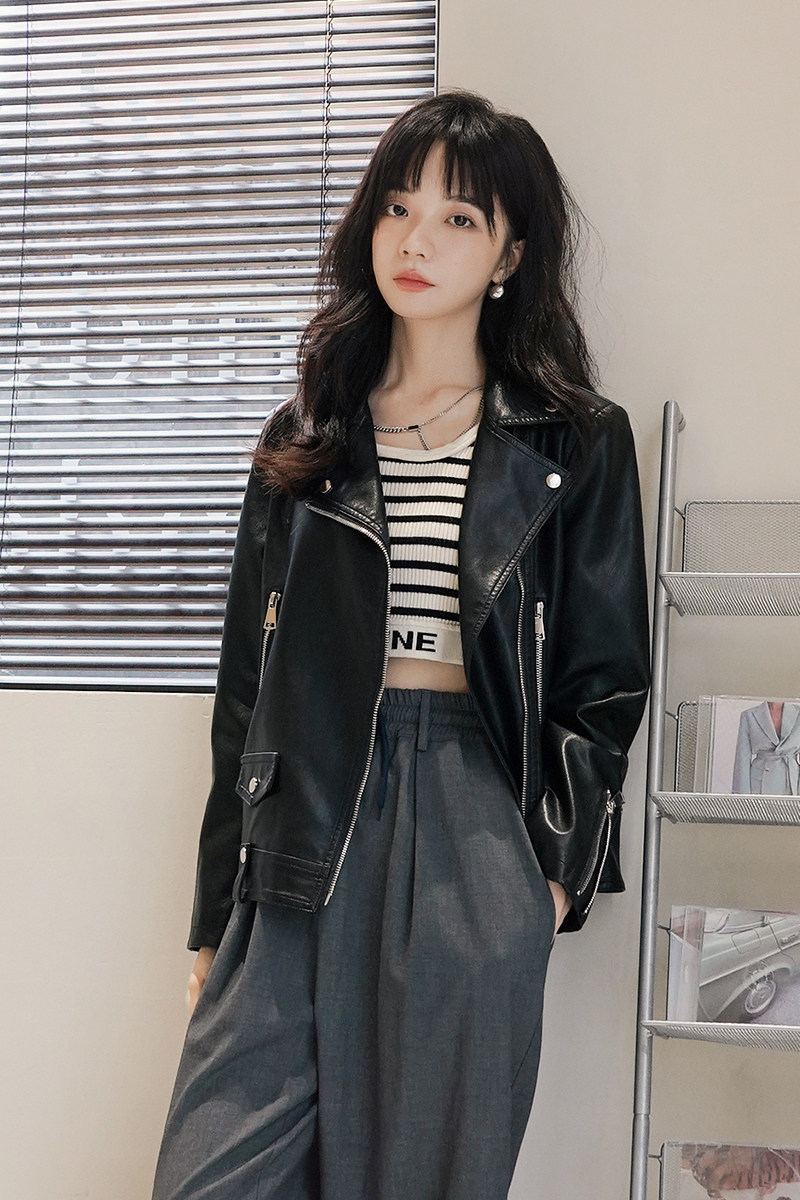 现货主推春秋皮夹克水洗PU皮机车服女外套212P130控188,女装皮衣,艾青服饰