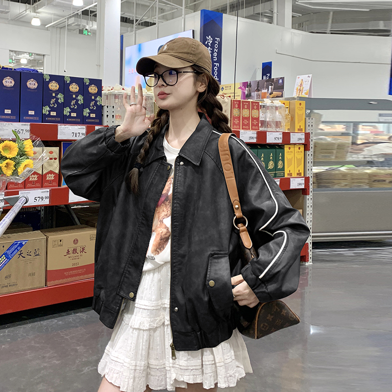 秋季新款现货韩版拼色宽松皮衣外套1532461P140K198，女装皮衣，艾青服饰