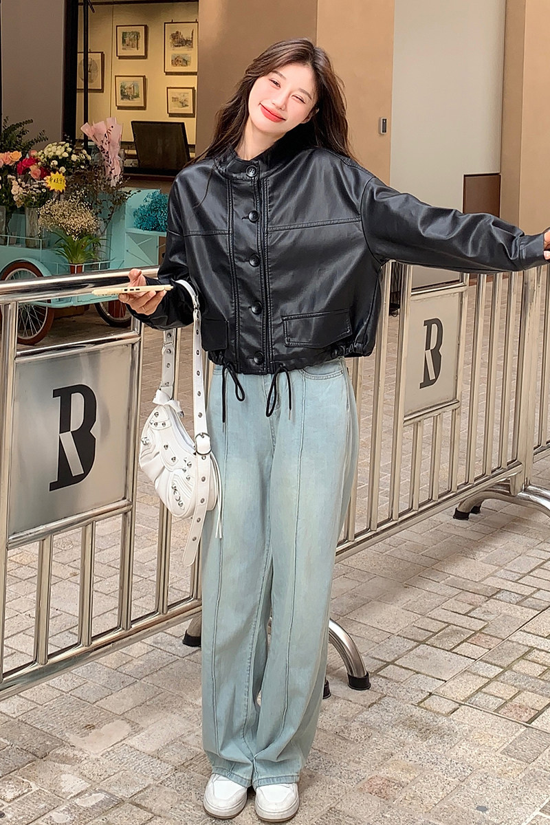 美拉德复古棕色pu皮衣外套女春秋2025新款小个子高级感机车皮夹克,女装皮衣,艾青服饰
